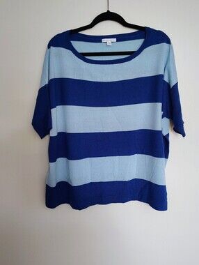 New York & Company Two-Tone Blue Striped Dolman Sleeve Sweater Size L